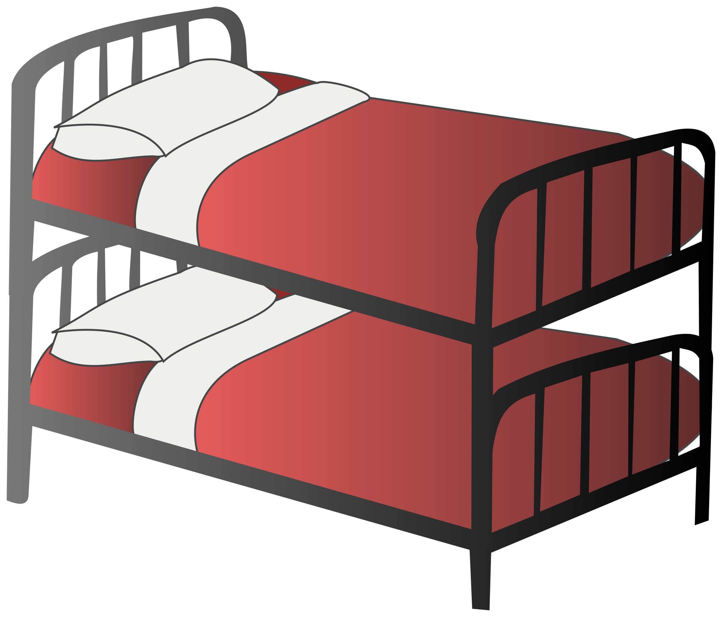 Metal-framed bunk bed with red bedding and white pillows on both levels.