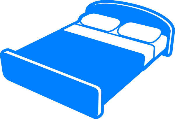 Blue vector illustration of a double bed with two pillows and a fitted sheet, viewed from an isometric angle.