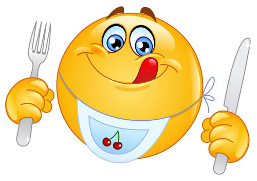 Cheerful yellow emoji with bib, holding fork and knife, licking lips with cherry design on bib.