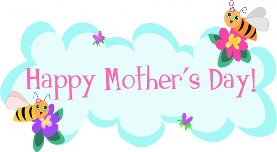 Cheerful cartoon bees and flowers surrounding "Happy Mother's Day!" text on a soft cloud background.