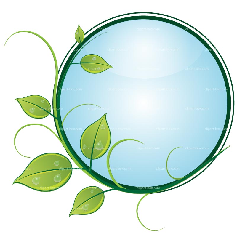 Green vine with dewdrops encircling a light blue circular frame, symbolizing nature and sustainability.