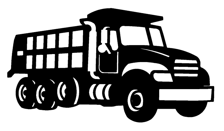 Black silhouette of a heavy-duty dump truck with multi-axle wheels and open cargo bed, shown in side profile.
