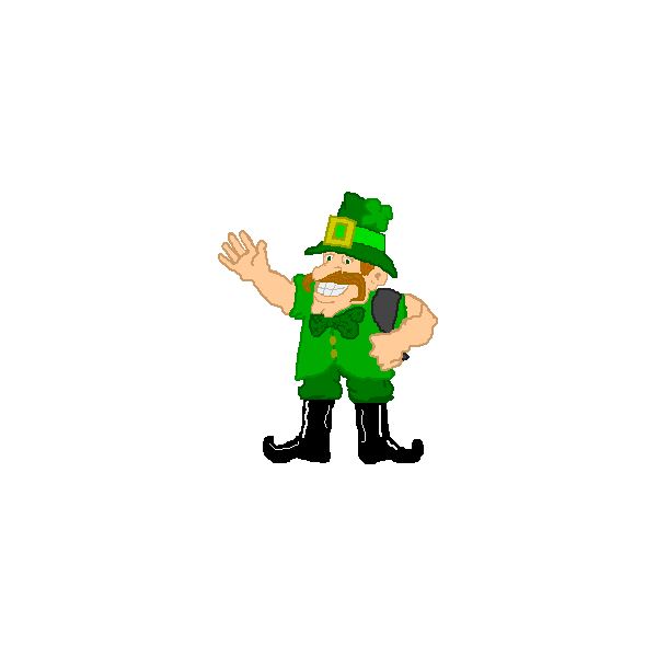 Cheerful cartoon leprechaun in green outfit waving, holding a black pot, with red beard and smiling face.