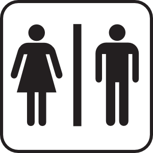 Universal restroom sign showing female and male pictograms separated by a vertical line.
