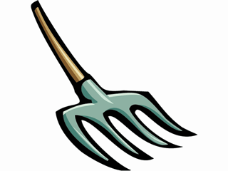 Illustration of a green garden fork with wooden handle, used for soil aeration and digging.