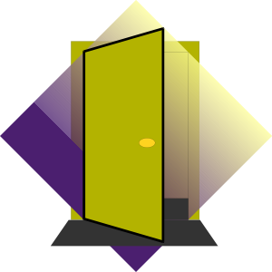 A stylized open lime-green door with a golden handle, set against overlapping geometric shapes in purple, yellow, and gray.