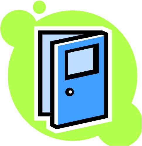 Blue open door icon with window and doorknob, set against a lime green background.