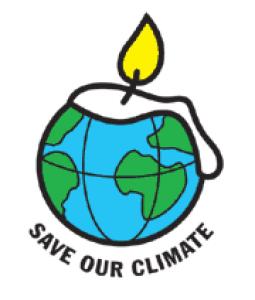 A lit candle wrapped around a blue and green Earth globe with "SAVE OUR CLIMATE" text below.