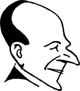 Black-and-white line drawing of a bald man with prominent nose, smiling broadly in profile.