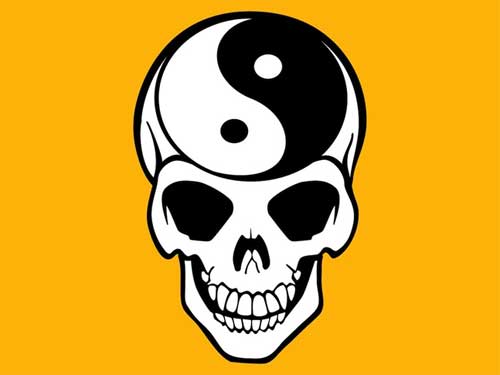 A stylized human skull with a yin-yang symbol replacing the top of the cranium, set against a solid orange background.