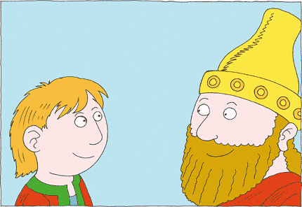 A young boy with blond hair smiles up at a bearded king wearing a golden crown and red robe.