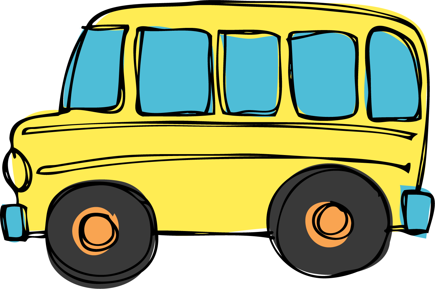 Bright yellow cartoon school bus with blue windows and black wheels, side view illustration.