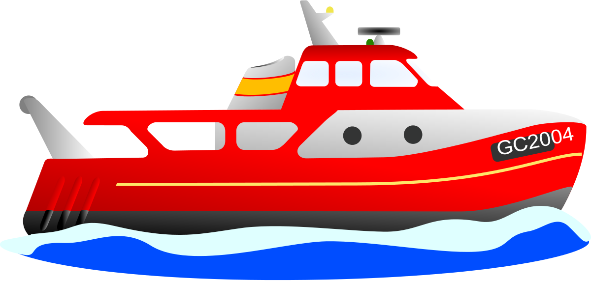 Red and silver rescue boat GC2004 navigating blue waves with radar and life-saving equipment visible.