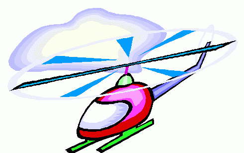 Colorful cartoon helicopter with spinning blue rotor blades flying through a soft cloud.