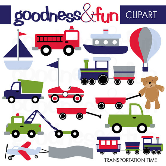 Colorful transportation-themed clipart including fire truck, train, boat, hot air balloon, teddy bear, and more for kids' designs.