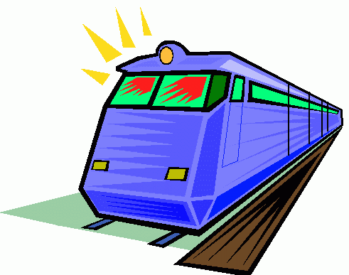 Blue high-speed train with red-green windows and yellow headlights speeding on tracks, illustrated in cartoon style.