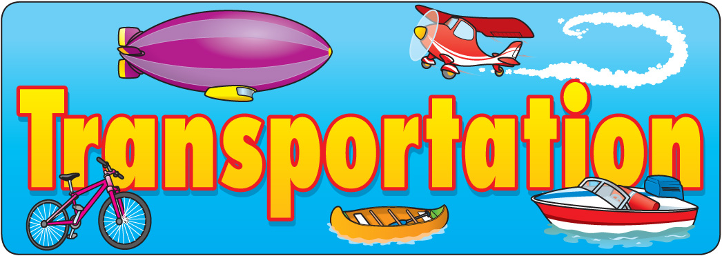 Colorful illustration of transportation modes including bicycle, canoe, blimp, airplane, and speedboat against a blue sky.