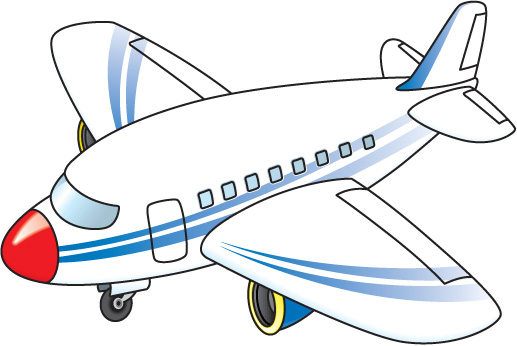 Cartoon-style white passenger airplane with blue stripes and red nose, shown in flight profile view.