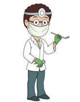 Cartoon dentist in white coat, mask, and headlamp holding dental mirror and explorer.
