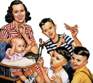 Vintage illustration of a smiling mother with four children playing with toys and a baby in a high chair.
