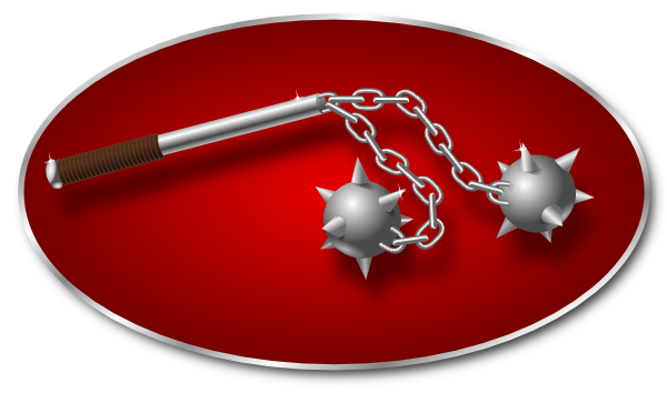 A metallic spiked flail weapon with a leather-wrapped handle and two chain-linked spiked balls, set against a red oval background.
