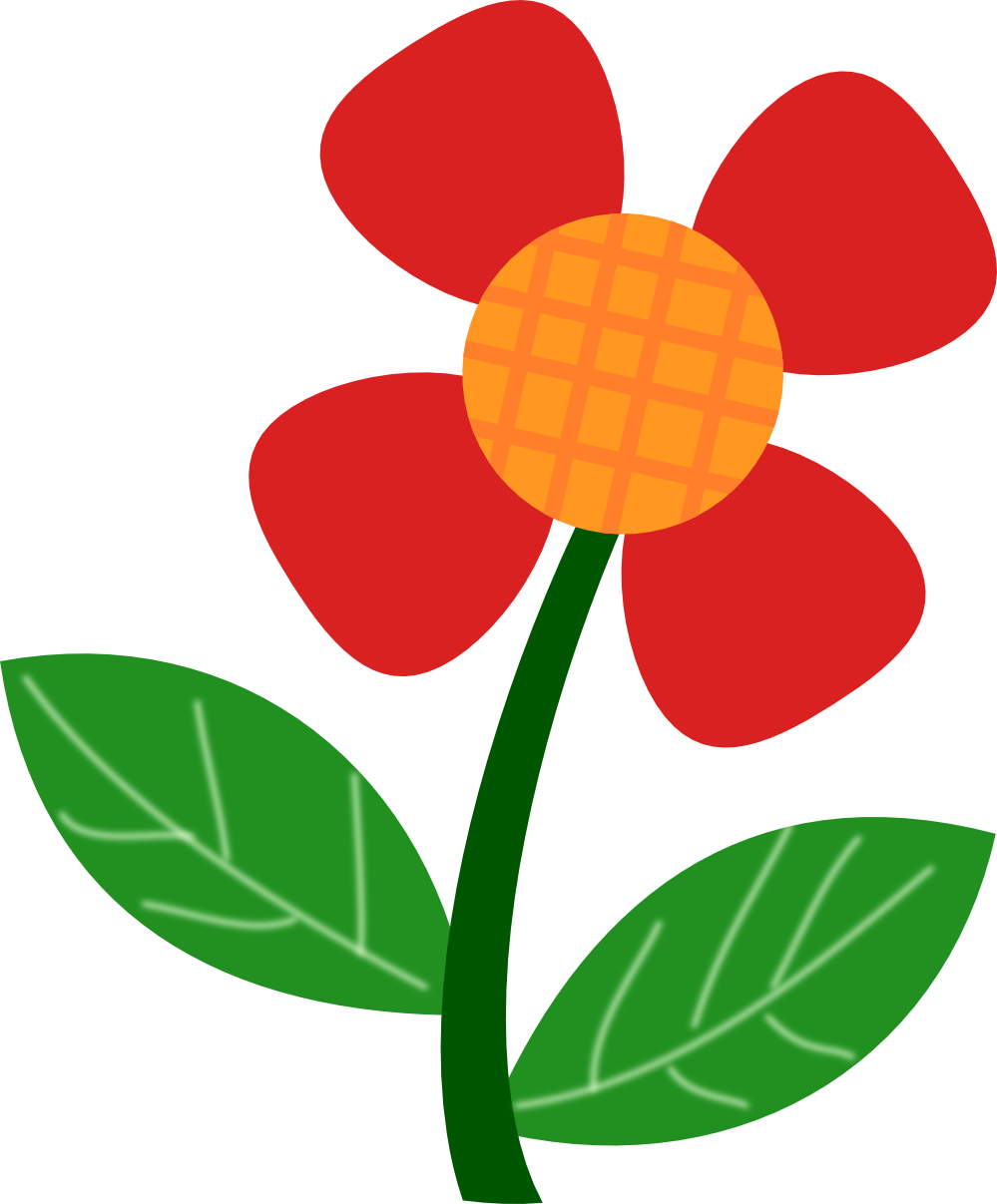 Bright red cartoon flower with orange grid-patterned center and green leaves on white background.