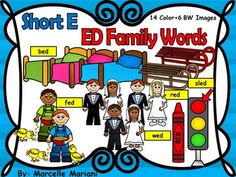 Educational illustration showing "Short E" phonics words like bed, fed, red, wed with cartoon characters and objects.