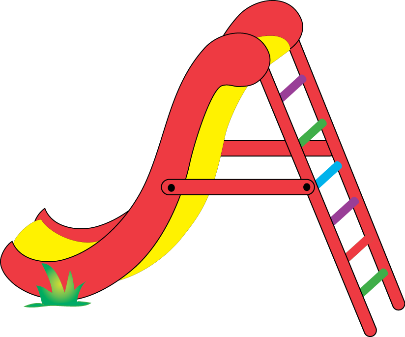 Bright red and yellow children's playground slide with colorful ladder and green grass at base.