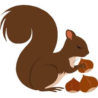 Brown cartoon squirrel holding and eating acorns with a bushy tail curled behind.