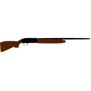 Brown and black pump-action shotgun with wooden stock and forend, isolated on white background.