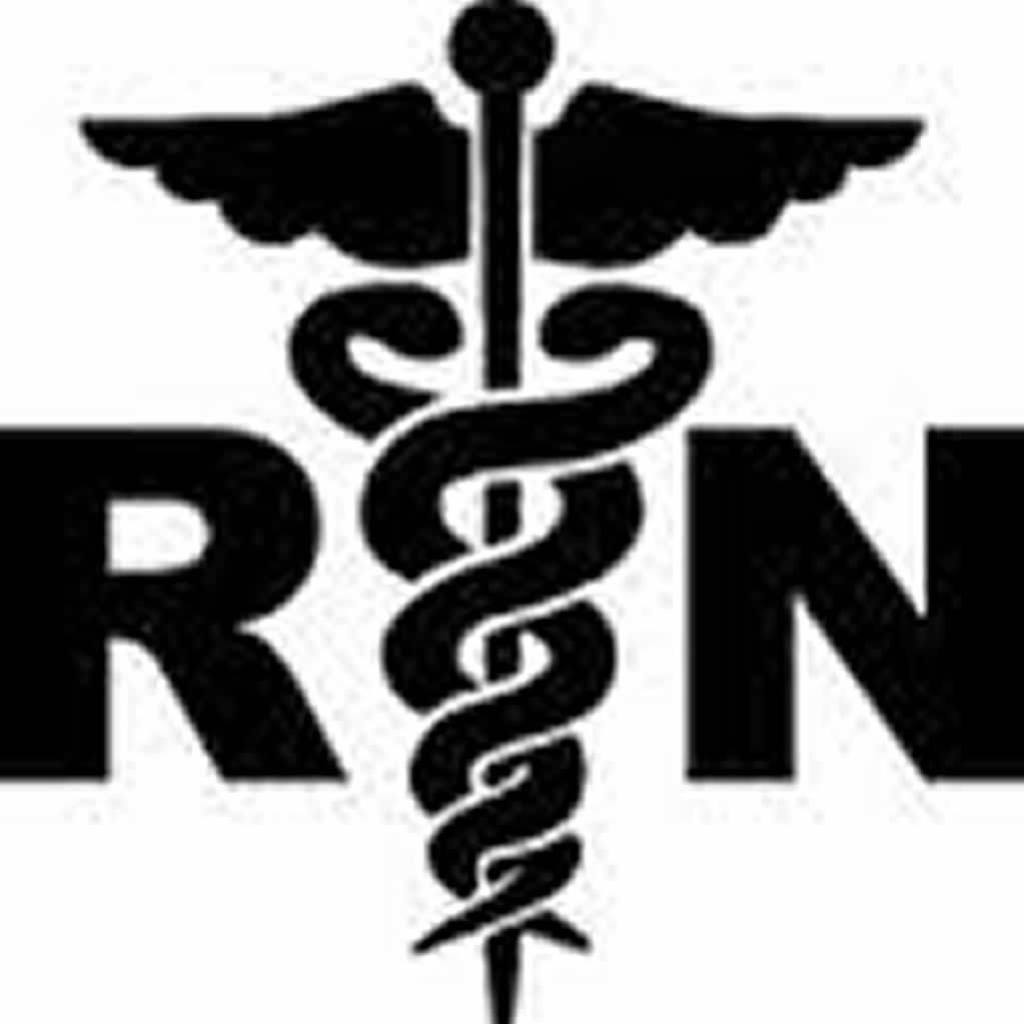 Black caduceus symbol with intertwined snakes and wings, overlaid on bold "RN" letters, representing registered nursing profession.