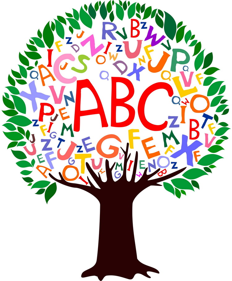 Colorful alphabet letters forming a vibrant tree with green leaves and bold ABC trunk, symbolizing literacy and learning.