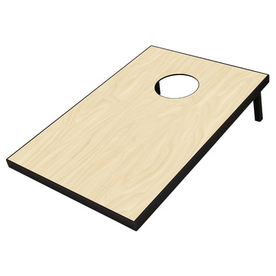 Light wood cornhole board with black border and central hole, angled view on white background.
