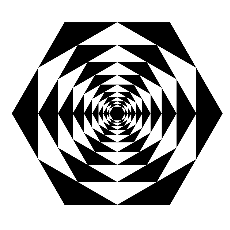 Geometric black-and-white optical illusion with concentric star-like polygons forming a tunnel effect.