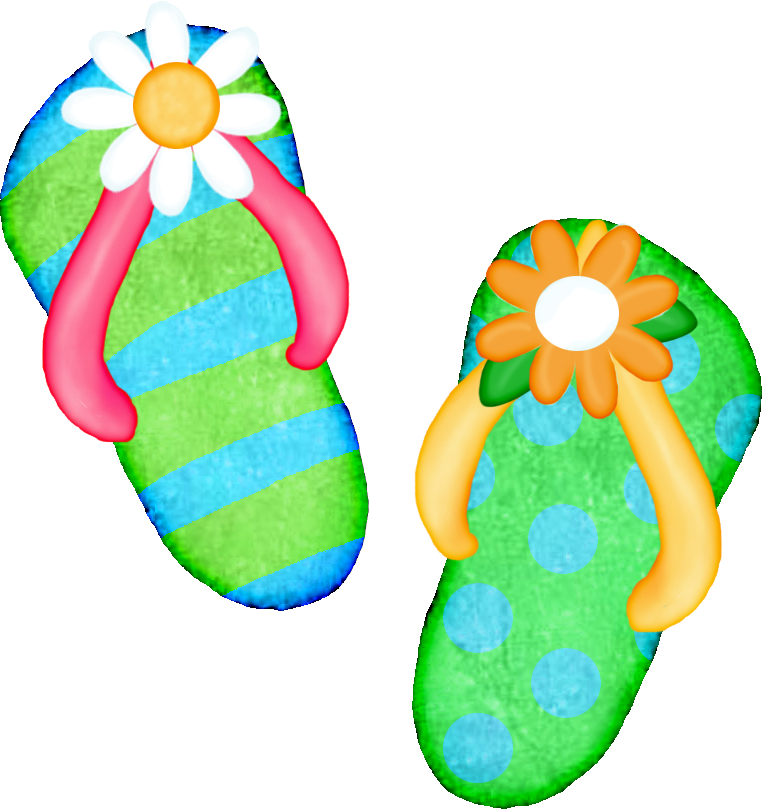 Two colorful floral flip-flops-one striped green and blue with a white daisy, the other polka-dotted green with an orange flower.