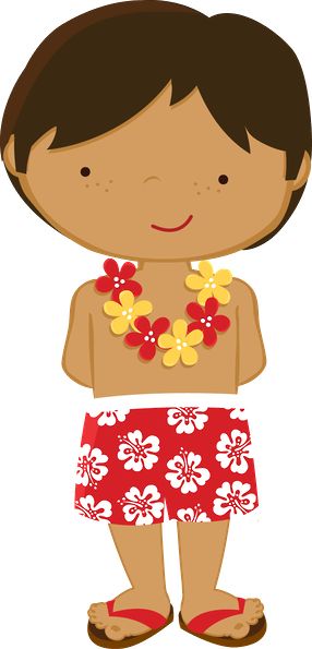 Smiling cartoon boy wearing red floral swim trunks, a yellow and red lei, and flip-flops.