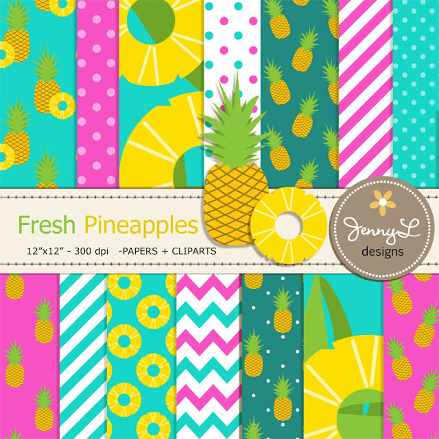Vibrant tropical pineapple-themed digital paper pack with patterns, clipart, and 300 dpi resolution by Jenny L Designs.