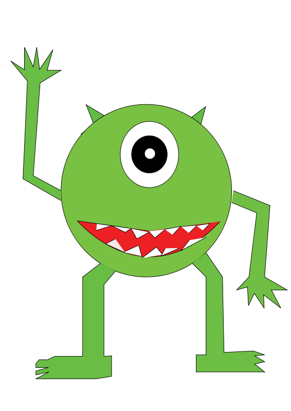 Friendly green one-eyed monster with sharp teeth waving cheerfully against black background.