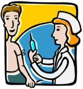 A nurse in a white uniform and cap administers a vaccine injection to a smiling male patient's upper arm.