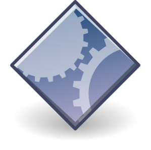 Blue gradient icon with interlocking gears inside a diamond-shaped frame, symbolizing system integration or mechanical processes.