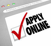 Online application form with bold "APPLY ONLINE" text and red checkmark in checkbox on browser window.
