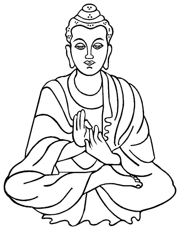 Line drawing of Buddha seated in lotus position with hands in dharmachakra mudra, eyes closed in meditation.