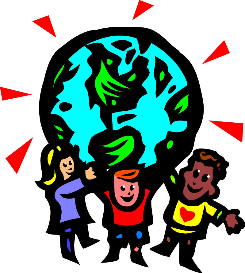 Three diverse children holding up a green-and-blue Earth with red rays, symbolizing global unity and environmental care.