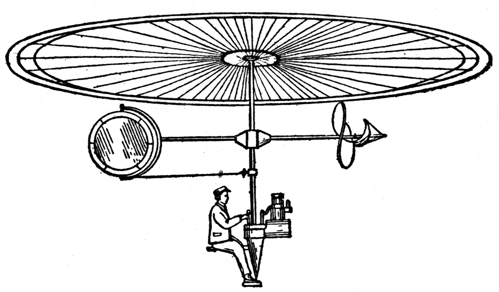 Vintage line drawing of an early helicopter concept with large rotor, pilot seat, engine, and tail propeller.