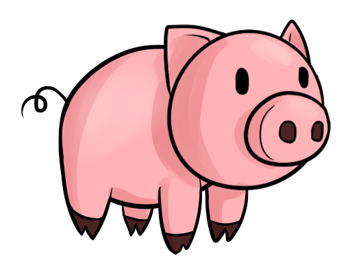 Cute pink cartoon pig with curly tail and dark hooves, facing right.