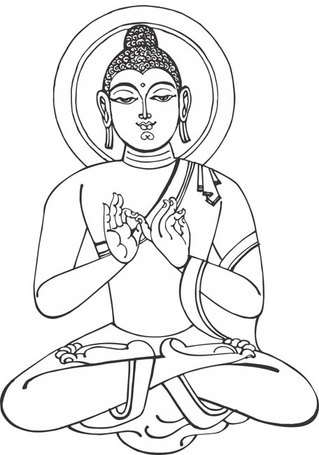 Line drawing of Buddha in seated meditation pose with hands in dharmachakra mudra, halo behind head, traditional robes.
