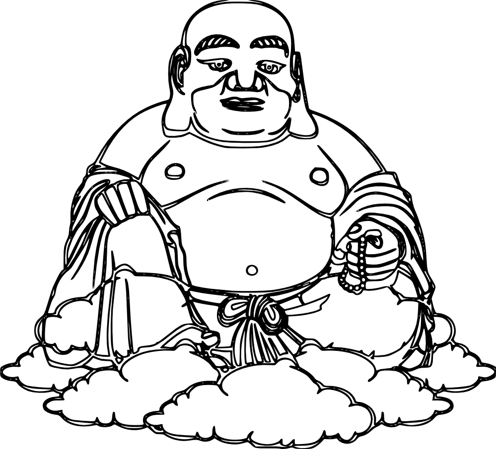 Black-and-white line drawing of a smiling, rotund Buddha seated on clouds, holding a sack and prayer beads.