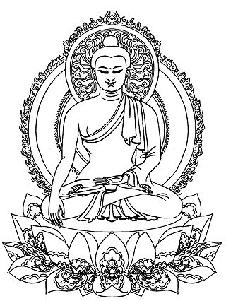 Line drawing of Buddha seated in meditation on a lotus, surrounded by ornate mandala halo and floral motifs.