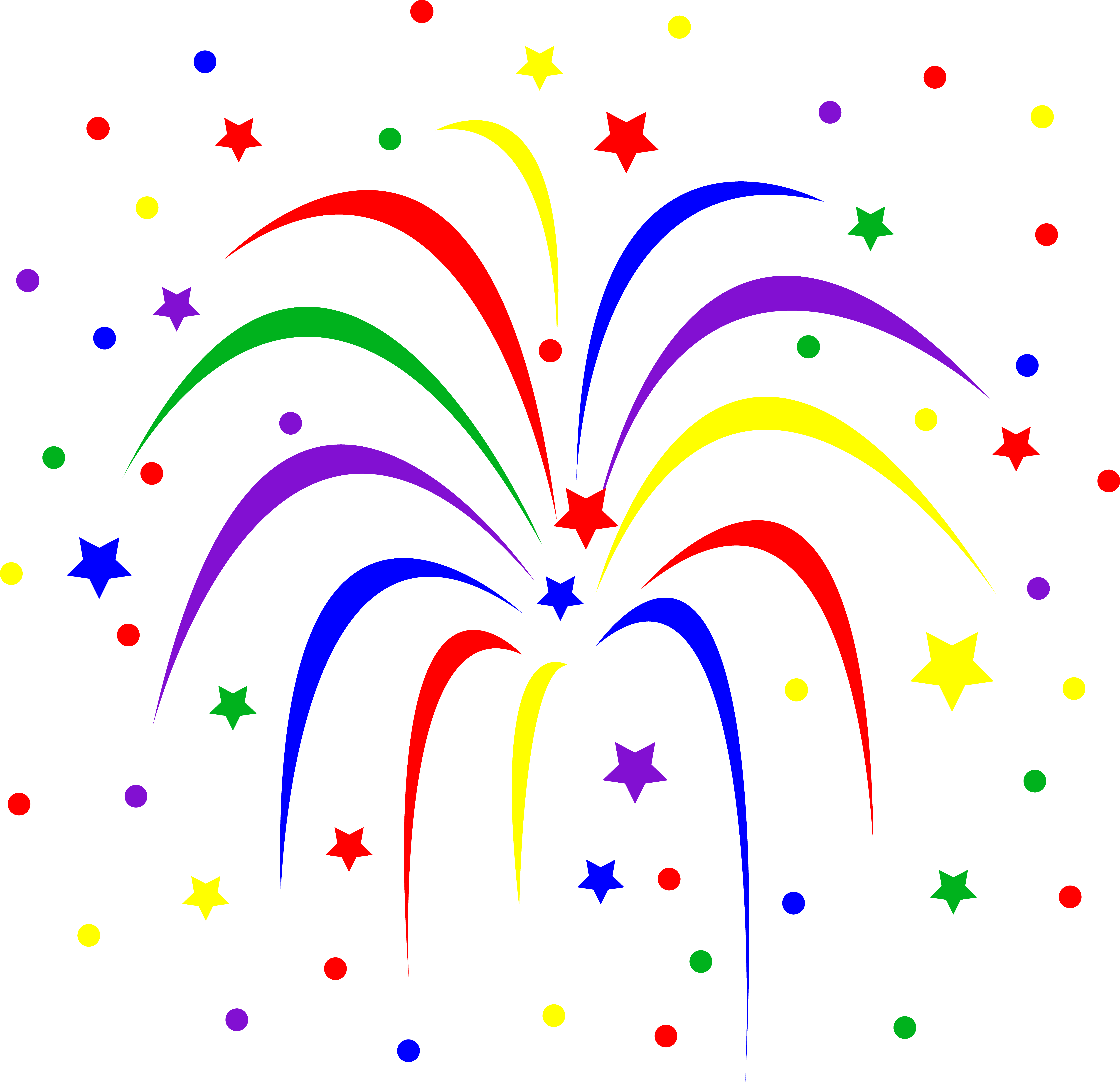 Vibrant abstract celebration graphic with rainbow arcs, stars, and colorful bead strands on black background.