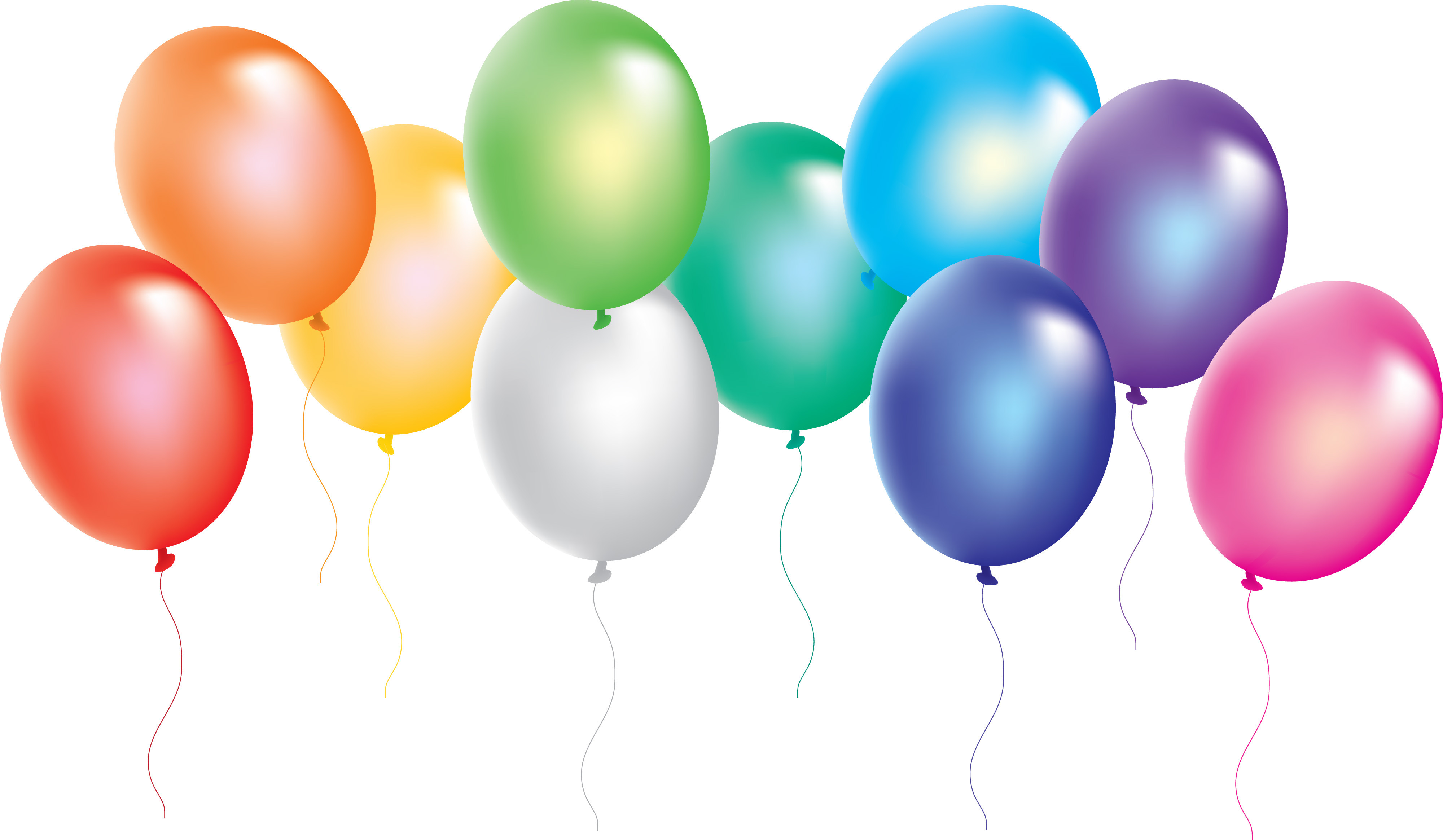 Nine colorful glossy balloons floating against a white background, including red, orange, yellow, green, teal, white, blue, purple, and pink.